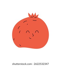 Cute pomegranate with smiling face fun flat vector illustration perfect for kids products, healthy eating designs, and fruit themed decor