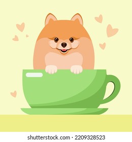 Cute Pomeranian in a cup. A card with a dog. Cartoon design.