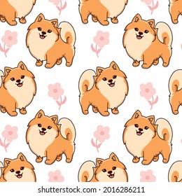 Cute pomeranian dog. Cute baby pattern, Pomeranian Spitz puppy seamless pattern. Small smiling dog, flowers, vector stock illustration. Pet in cartoon style repeating design. For fabric and textile 