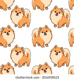 Cute pomeranian dog. Cute baby pattern, Pomeranian Spitz seamless drawing. Small smiling dog, puppy, vector illustration. Pet in cartoon style repeating design. For printing on fabric, cards, clothes.