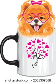 Cute Pomeranian dog peeking out of a mug. Vector