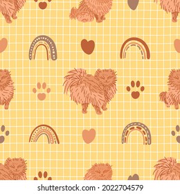 Cute pomeranian dog seamless pattern. Vector rainbows, hearts, dog footprints in simple childish hand-drawn Scandinavian style in pastel colors. Design of children's clothing, gift wrapping, fabrics.