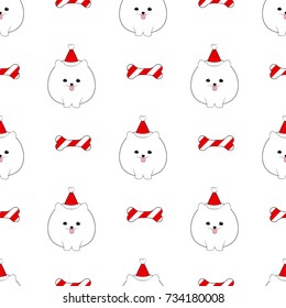 Cute pomeranian dog seamless pattern. Christmas, New Year design pattern with puppy in party hat and dog bone treat.