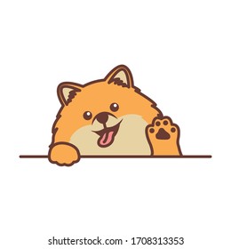 Cute pomeranian dog waving paw cartoon, vector illustration