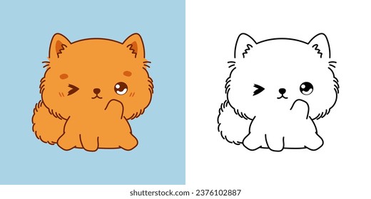 Ilustración de la Clipart de Cúper Pomeraniana y blanco y negro. Perro de pinturas Kawaii. Ilustración vectorial de una espelta de cachorro Kawaii para pegatinas, impresiones para ropa, ducha para bebés. 