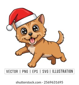 Cute Pomeranian Puppy in Santa Hat - Christmas Cartoon Vector Illustration