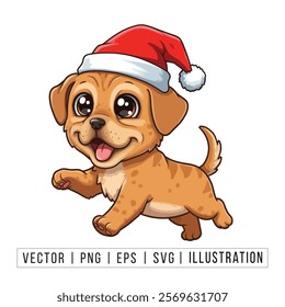 Cute Pomeranian Puppy in Santa Hat - Christmas Cartoon Vector Illustration