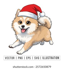 Cute Pomeranian Puppy in Santa Hat - Christmas Cartoon Vector Illustration