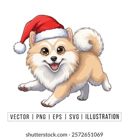 Cute Pomeranian Puppy in Santa Hat - Christmas Cartoon Vector Illustration