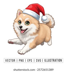 Cute Pomeranian Puppy in Santa Hat - Christmas Cartoon Vector Illustration