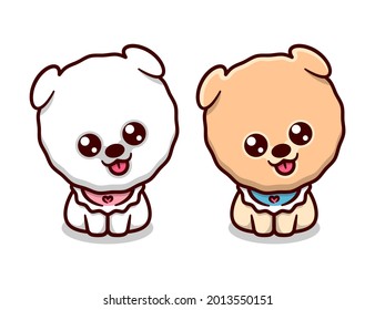 CUTE POMERANIAN PUPPY IS SITTING AND SHOWING ADORABLE FACE EXPRESSION CARTOON MASCOT 