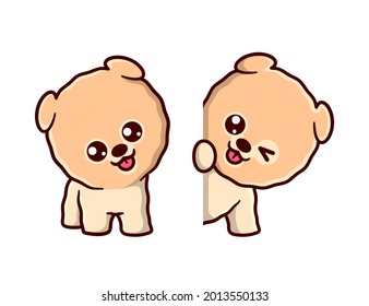 CUTE POMERANIAN PUPPY IS SMILING AND SHOWING ADORABLE FACE EXPRESSION CARTOON MASCOT SET.