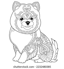 Cute pomeranian spitz dog. Adult coloring book page in mandala style