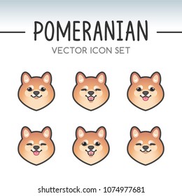Cute Pomeranian Spitz dog breed vector icon sticker set inspired by kawaii Japanese anime style. Teacup pom puppy face with various emotions. Emoticon, emoji or costume mask template. Expanded lines.