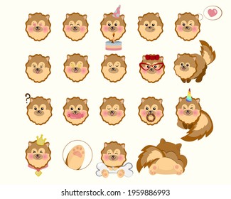 Cute Pomeranian Spitz dog breed vector icon sticker set inspired by kawaii Japanese anime style. Teacup pom puppy face with various emotions. Emoticon, emoji or costume mask template. Expanded lines.