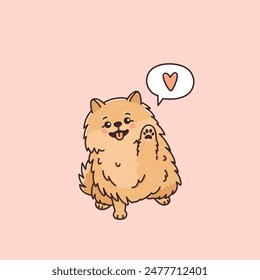 Cute Pomeranian spitz dog with speech bubble and heart. Funny pet in kawaii style. Small purebred puppy, animal smiling. Zwergspitz. Vector illustration. Valentine's Day card, t-shirt print or sticker