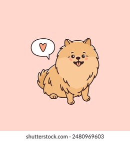 Cute Pomeranian spitz dog with speech bubble and heart. Funny pet in kawaii style. Small puppy of Pom breed, canine animal smiling. Zwergspitz. Vector illustration