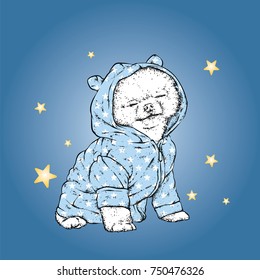 Cute pomeron spitz in pajamas. Vector illustration. Good night. A pedigreed dog in a suit. Little puppy.