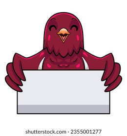 Cute pompadour cotinga bird cartoon holding blank sign