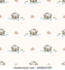 Cute pond frog on lily pad vector pattern. Wildlife amphibian home decor with cartoon lake toad. Seamless croaking fauna all over print. 