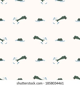 Cute pond jumpinh frog vector pattern. Wildlife amphibian home decor with cartoon lake toad. Seamless croaking fauna all over print. 