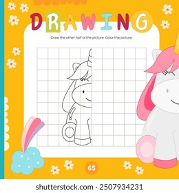 Cute pony activities for kids. Finish the picture – unicorn. Logic games for children. Square Coloring page. Vector illustration. Game learn the principles of symmetry.