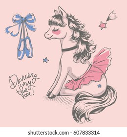 Cute pony ballerina cartoon hand drawn vector illustration. Can be used for t-shirt print, kids wear fashion design, baby shower invitation card.