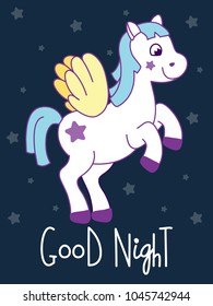 Cute pony card with quote: Good night. White pony with wings. Funny horse for 

kids. Vector illustration, cartoon style.