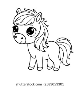 Cute pony cartoon character isolated on white background, icon vector, line art.
