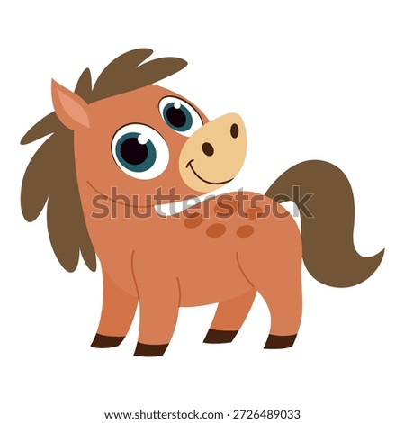Cute Pony Cartoon Character. Smiling Baby Horse Farm Animal Vector Illustration for Kids. Children Education, Nursery Design and Storybook.