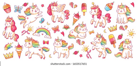 Cute pony and cat unicorns. baby rainbow pegasus and caticorn, diamond and crown, butterfly and magic wand isolated cartoon vector characters set for kids book
