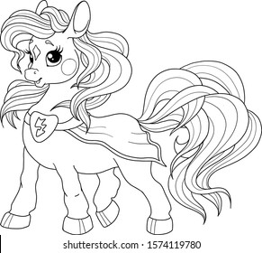 Cute pony character superhero. Vector pony for coloring book. Page for children's creativity. Children's character for drawing. Vector illustration isolated on white background.