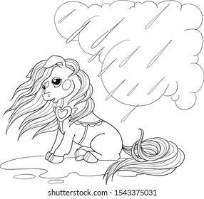 Cute pony character. Vector pony for coloring book. Sad pony in the rain. Children's character for drawing. Vector illustration isolated on white background.
