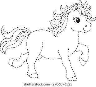 Un lindo pony dibujado en formato de trazado de puntos, perfecto para que los niños aprendan a dibujar usando líneas simples y Formas lúdicas para divertidas actividades de práctica.