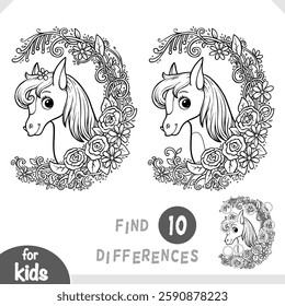 Cute pony in a floral frame. Find differences, educational game for children. Black and white activity worksheet