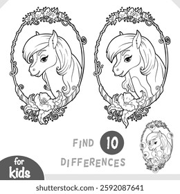 Cute pony in a floral frame. Find differences, educational game for children. Black and white activity worksheet