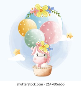 Cute pony flying balloons cartoon illustration