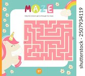 Cute Pony Maze game for children. Help pretty unicorn find correct path and get to through the maze. Vector illustration. Labyrinth for kids activity book. Book square format.