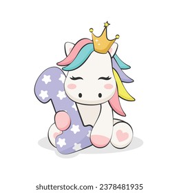 Pequeño poni con el número uno aislado de fondo blanco. El primer cumpleaños del bebé. ilustración vectorial