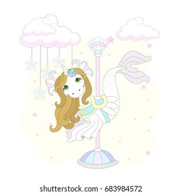 Cute pony on a beautiful background. Carousel.Vector illustration.