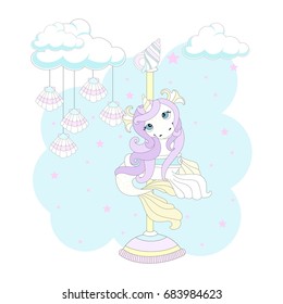 Cute pony on a beautiful background. Carousel.Vector illustration.