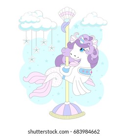 Cute pony on a beautiful background. Carousel.Vector illustration.