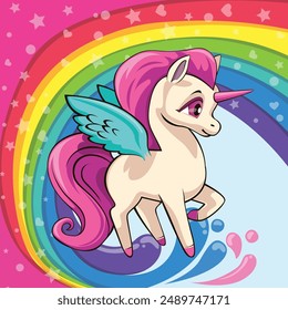 Nettes Pony auf dem Regenbogen. Vektorgrafik Einhorn. Regenbogen Kinderhintergrund