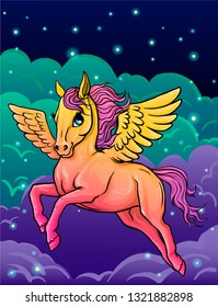 Cute pony pegasus flies over the clouds. poster for children.