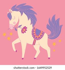 A cute pony with purple hair and a flower in his mouth. Vector illustration.