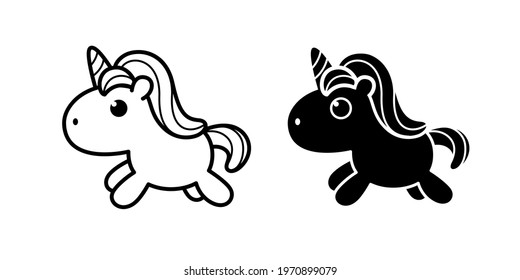 Cute pony unicorn in flat black and white doodle styles. Cute doodle vector illustration.