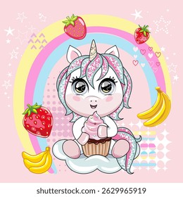 Bela pônei unicórnio segurando cupcake. Doces para crianças com morango e banana. Fundo pastel com arco-íris.