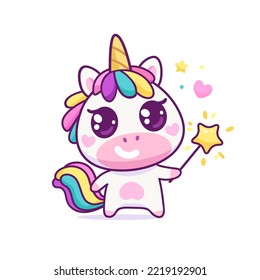 Cute pony unicorn with magic stick kawaii style vector illustration. Baby unicorn flat cartoon character. Kids tee print design