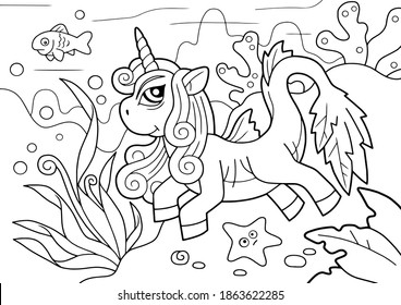 cute pony unicorn swims underwater, coloring book