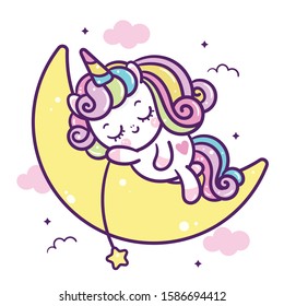 Cute pony vector on moon unicorn cartoon, magic sleeping time sweet dream pastel color, Kawaii animal with cloud girly doodles,Nursery decoration: Illustration of fairytale horse in Flat style design.